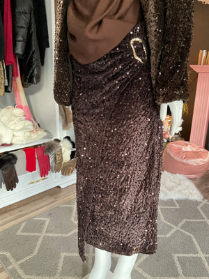 Ah25,119nov Jupe brune à paillettes avec boucle d or