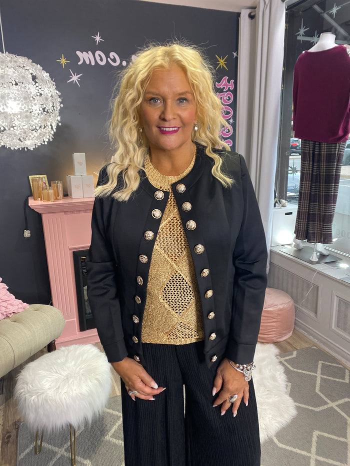 AH25,36oct  Manteau doublé noir court style militaire avec boutons  dorés