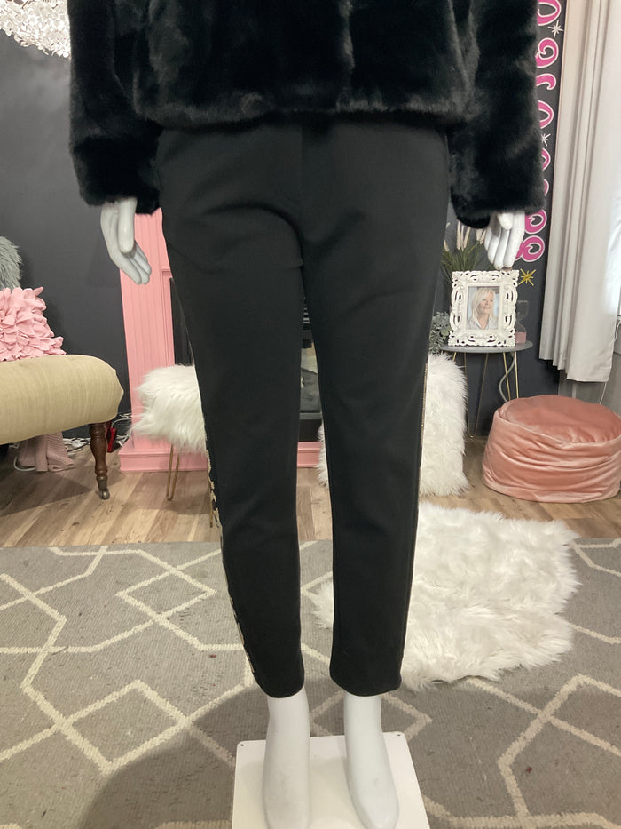 Ah25,101nov Pantalon noir avec bandes de léopards chaque côté coupe décontracté