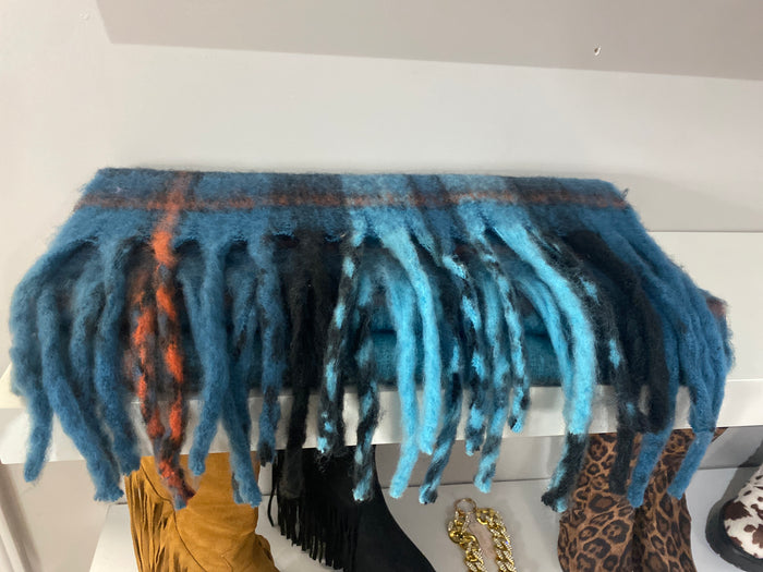 Ah25,417 Foulard sarcelle et orange avec franges