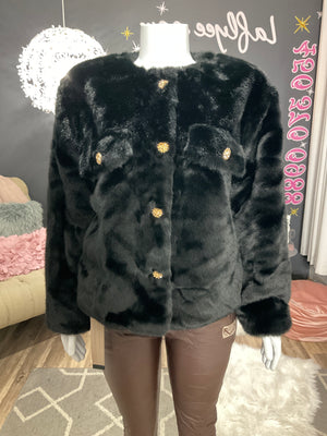 Ah25,303nov Manteau noir avec bouton doré en fourrure synthétique