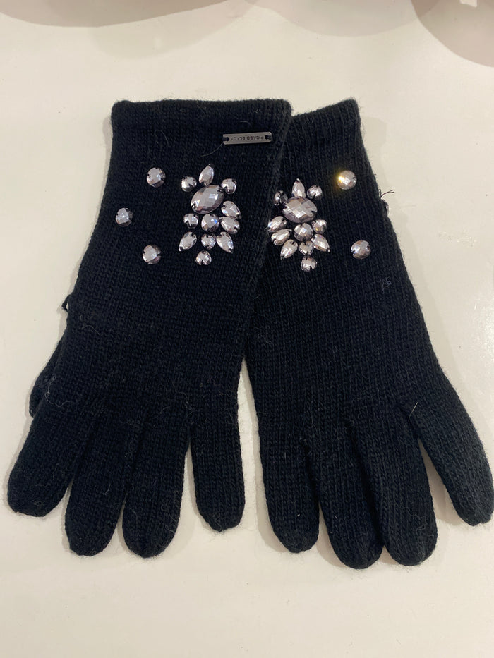 Ah25,443 gants noir en tricot avec pierres grises