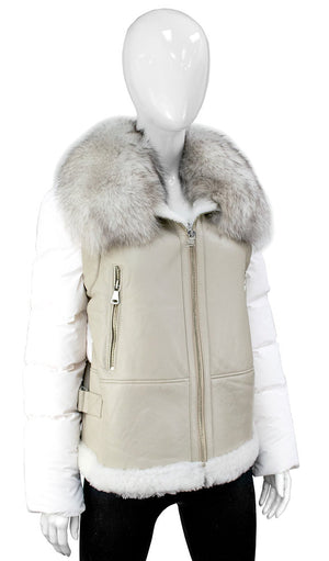 MMC135 MANTEAU IVOIRE MANCHES AMOVIBLE EN SHEARLING AVEC COL EN FOURRURE DE RENARD VTTO08