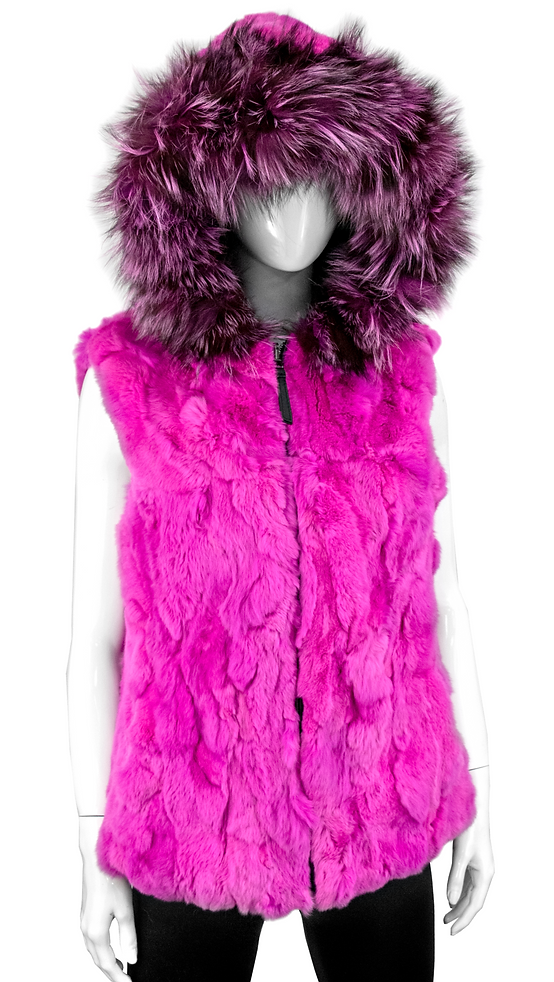 MMC126 Gilet FUSCHIA réversible en nylon et en fourrure de lapin avec capuchon en fourrure de renard VTJEV1