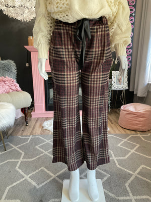 Ah25,106oct Pantalon à carreaux bordeaux et noir avec ruban noir