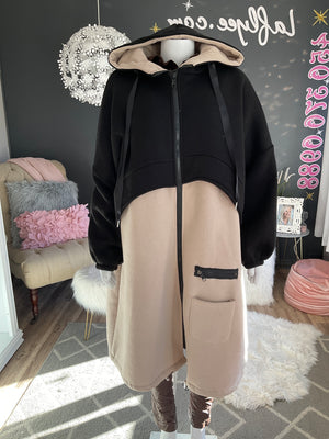 Ah25,302nov Manteau beige et noir long avec capuchon
