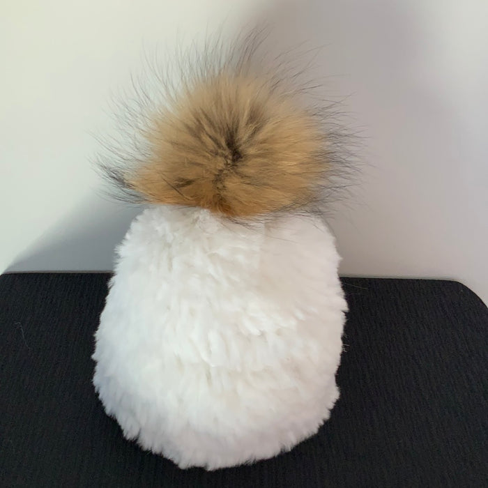 MMC35  tuque blanche en fourrure de lapin et pompom en renard de Mitchie's HTTN32