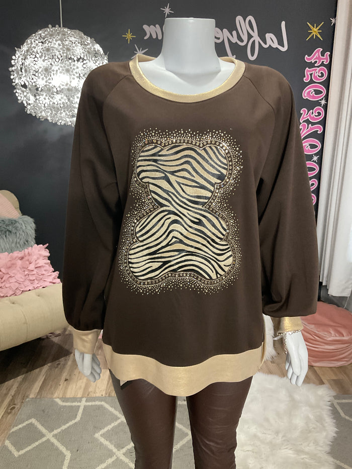 Ah25,4nov Haut brun avec ourson devant zèbré avec pierres et fausse fermeture éclair