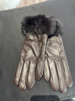 Ah25,407 Gants en cuir espresso avec fourrure synthetique noir