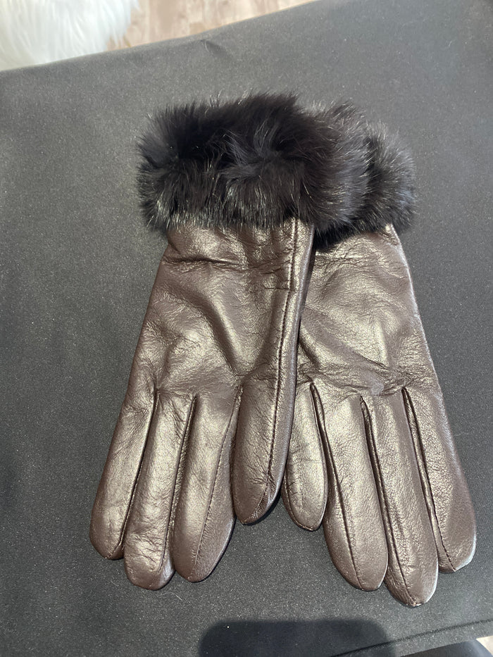 Ah25,407 Gants en cuir espresso avec fourrure synthetique noir