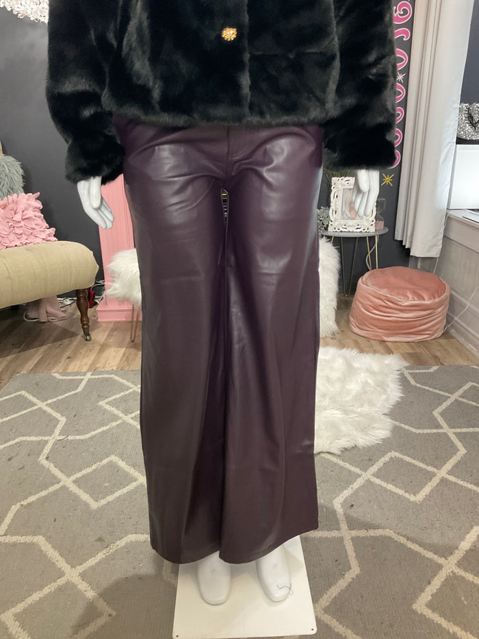 Ah25,103nov Pantalon raisin à jambes large en cuir synthétique