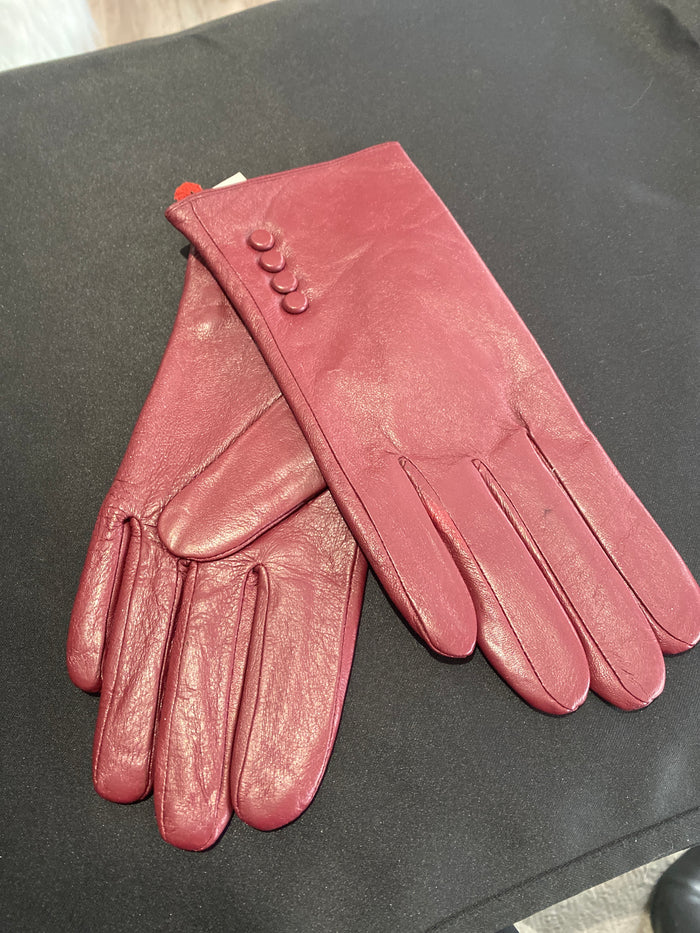 Ah25,405 Gants en cuir bordeaux avec boutons decoratifs