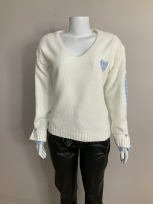 Pe26,13janv Haut blanc cassé avec coeur carrelé bleu taille unique 44 pouces de buste