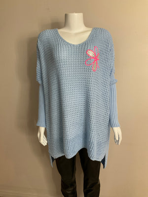 Pe26,18janv Haut bleu avec marguerite rose et paillettes taille oversize 72 pouces de buste