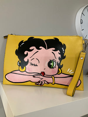 Sac à main Betty Boop jaune en cuir peint par Vera Pelle, 11 pouces et demi de long et 8 pouces de profondeur
