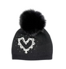 MMC139 TUQUE NOIRE AVEC COEUR EN CRYSTAUX ET POMPOM EN FOURRURE DE RENARD