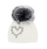 MMC138 TUQUE BLANCHE AVEC COEUR EN CRYSTAUX ET POMPOM EN FOURRURE DE RENARD HTA105
