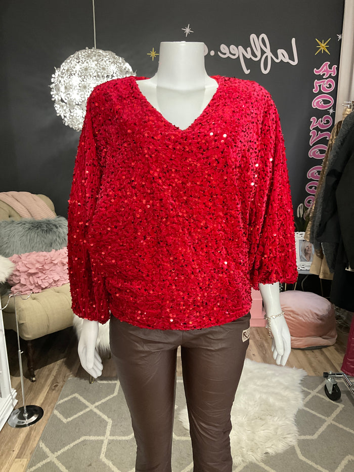 Ah25,7nov Haut rouge en velours et paillettes rouges