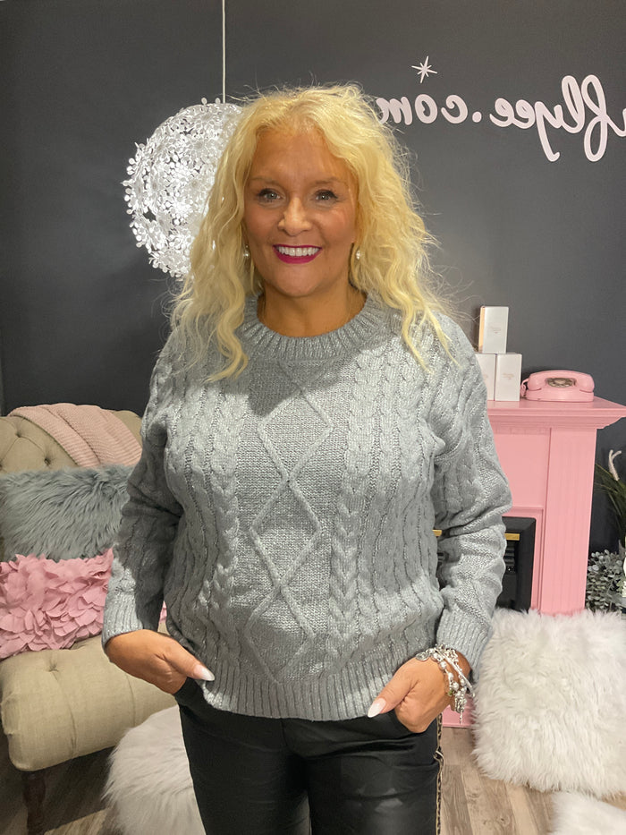 Ah25,22oct Haut à mailles gris et torsades argentées