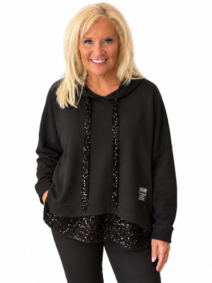 Ah26,31oct  Hoodie noir avec paillettes au bas et cordons