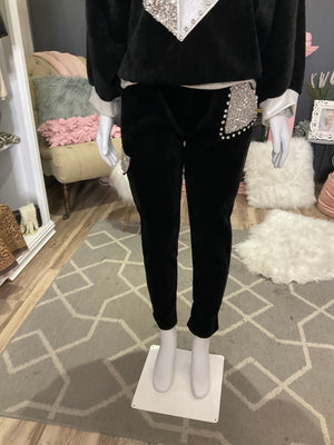Ah25,129oct Pantalon cargo noir fin velours avec paillettes et pierres taille unique