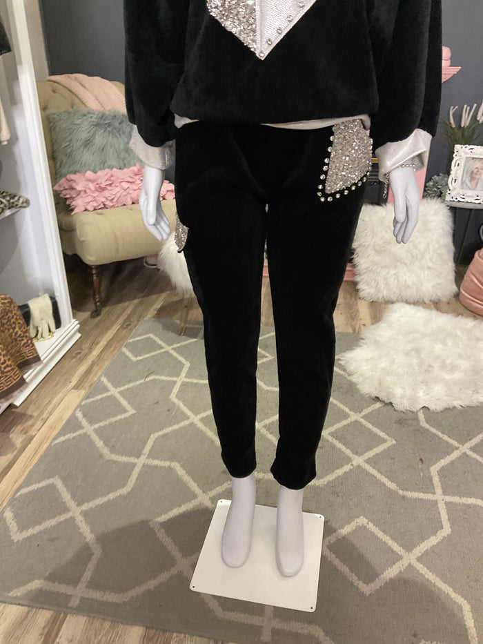 Ah25,129oct Pantalon cargo noir fin velours avec paillettes et pierres taille unique