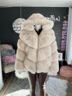 Ah25,301nov Manteau beige en fourrure synthétique avec capuchon et bande de cuir