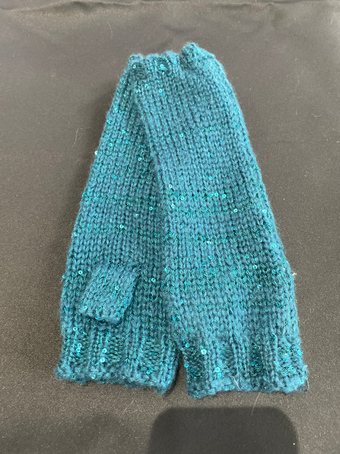 Ah25,410 Longs gants sans doigts en tricot sarcelle et paillettes