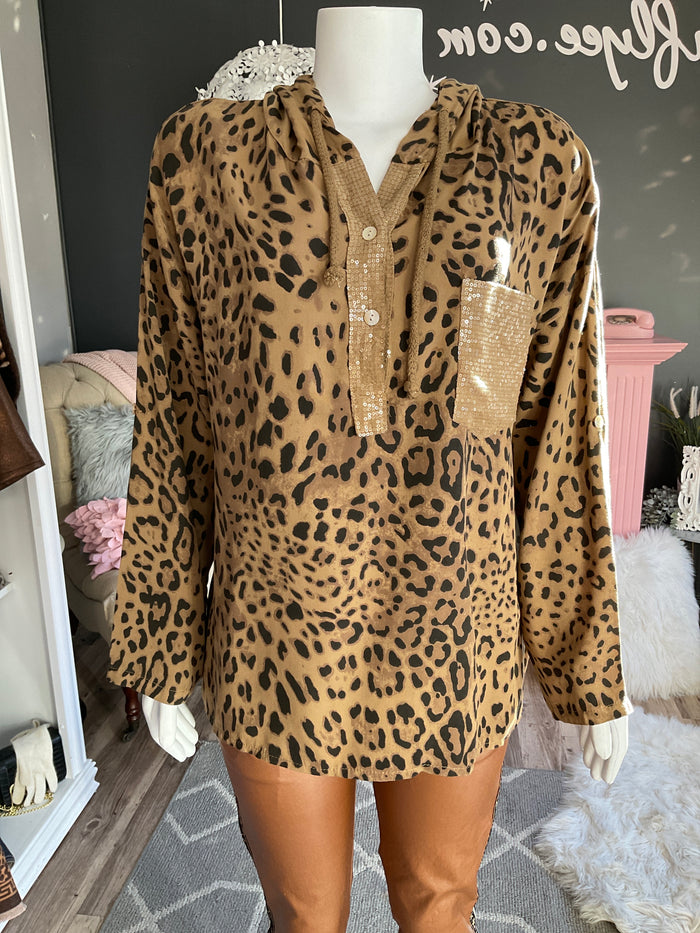 Ah25,37oct hoodie camel imprimé léopard avec poches de paillettes