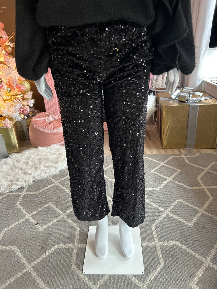 Ah25,121nov Pantalon noir a paillettes avec poches sur les côtés