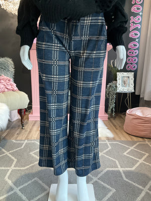 Ah25,105oct Pantalon à carreaux bleu et noir avec ruban noir