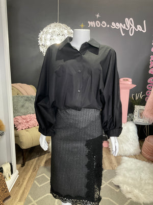 Ah25,46oct Chemisier noir à manches bouffante,taille unique