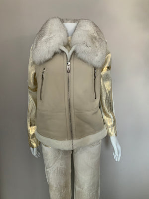 MMC135 MANTEAU IVOIRE MANCHES AMOVIBLE EN SHEARLING AVEC COL EN FOURRURE DE RENARD VTTO08