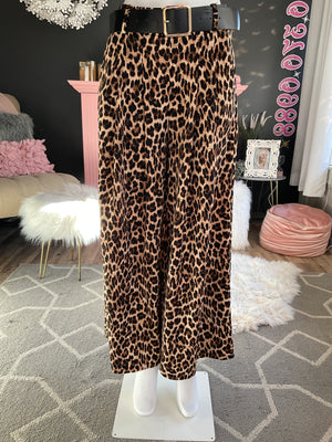 Ah25,100nov Pantalon léopard à jambes large avec ceinture noir