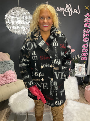 Ah25,316oct Manteau noir imprimé de mots