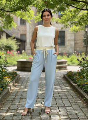 Pe26,102mai Pantalon bleu en modal avec une bordure dorée aux côtés et taille élastique