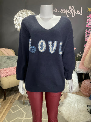 Ah25,47oct Haut marine avec appliquer love et fleur