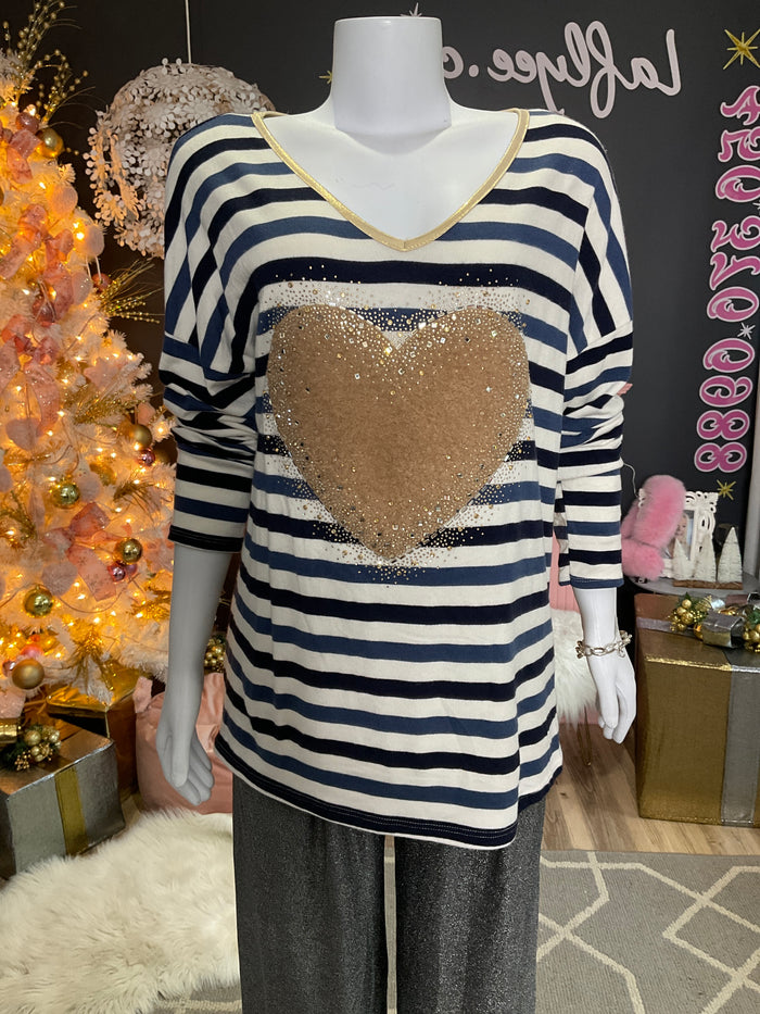 Ah25,18nov Haut rayé bleu et blanc cassé avec cœur