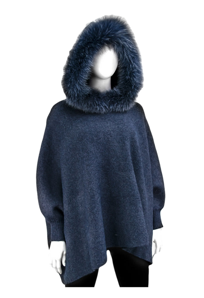 MMC112 Poncho denim en tricot de laine avec capuchon et bordure en fourrure de renard  Mitchie's POYUW2