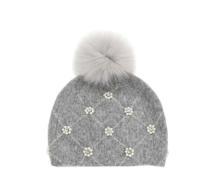 MMC103 Tuque grise en tricot avec perles et pompon en fourrure de renard Mitchie's HTIM86