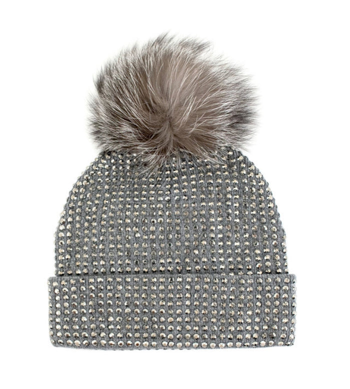 MMC101 Tuque charbon en tricot avec crystaux et pompon en fourrure de renard Mitchie's HTAN90