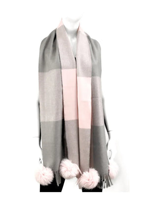 MMC114 Foulard tissé en laine rose-gris avec pompon en fourrure Mitchie's SC0755