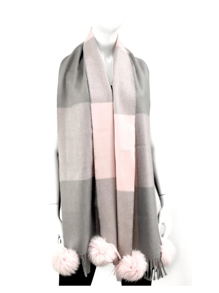 MMC114 Foulard tissé en laine rose-gris avec pompon en fourrure Mitchie's SC0755
