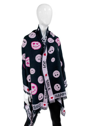 MMC216 FOULARD TISSÉE "HAPPY FACE" AVEC BORDURE ET COEURS DE SEQUINS SCAJ20