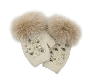 MMC187 Gants sans doigts ivoire avec perles et fourrure de renard GLKG28