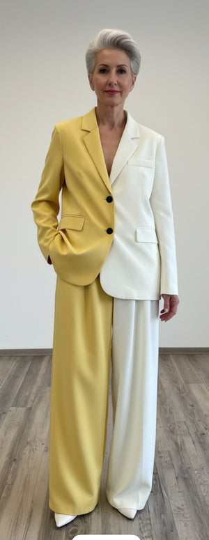 Pe26,402janv Ensemble veston et pantalon,blanc cassé et jaune taille médium à très grand