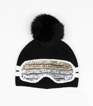 MMC203 BONNET NOIR ET BLANC À LUNETTES EN SEQUINS AVEC POMPON EN RENARD HTA159