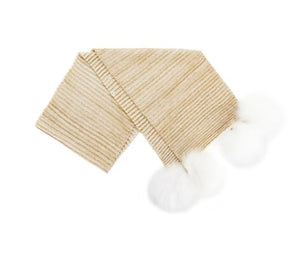 MMC213 FOULARD DORÉ EN TRICOT CHUNKY AVEC LUREX ET POMPOMS EN FOURRURE DE RENARD SCA134