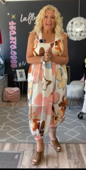 Pe26,114mai Jumpsuit marguerites couleurs terre 100% coton