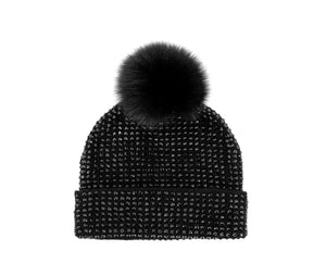 MMC100 Tuque noir en tricot avec crystaux et pompon en fourrure de renard Mitchie's HTAN90